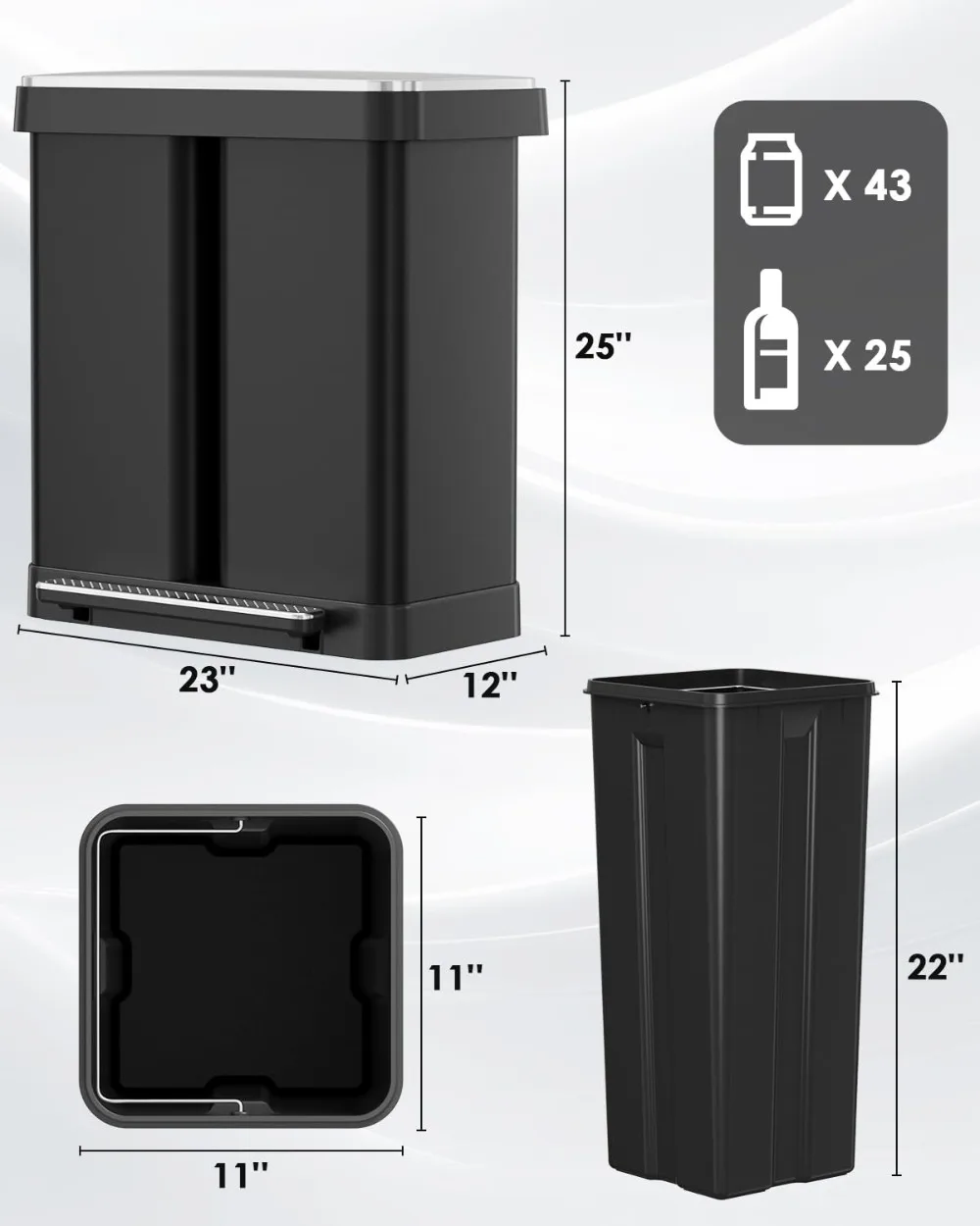 

16 Gallon Dual Trash Can, Stainless Steel Step-on Recycling Bin with Removable Buckets for Kitchen Office