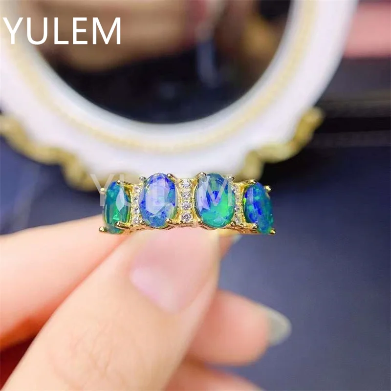 

YULEM 5X7MM Natural Opal Band Ring with Silver 925 for Daily Wear Wedding Rings for Couples