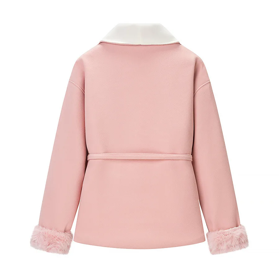 Nueva ropa de mujer europea y americana de otoño e invierno, temperamento femenino, puños peludos, chaqueta de abrigo de lana, 2025