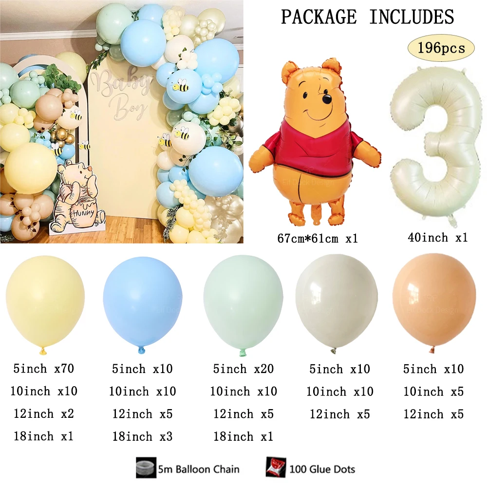 196pcs Winnie Bear Bee Themed party Balloon Arch Kit 40Inch Cream 1-9 Foil Number Balloon for kids Birthday Baby Shower Gifts