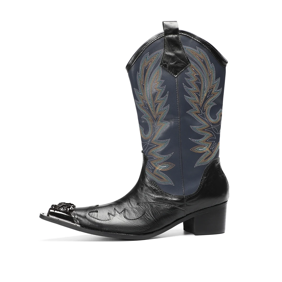 New Arrival Embroidered Denim Boots Men's Mid-Calf Patchwork Boots Handcrafted Metal Toe Cap with Chunky Heel