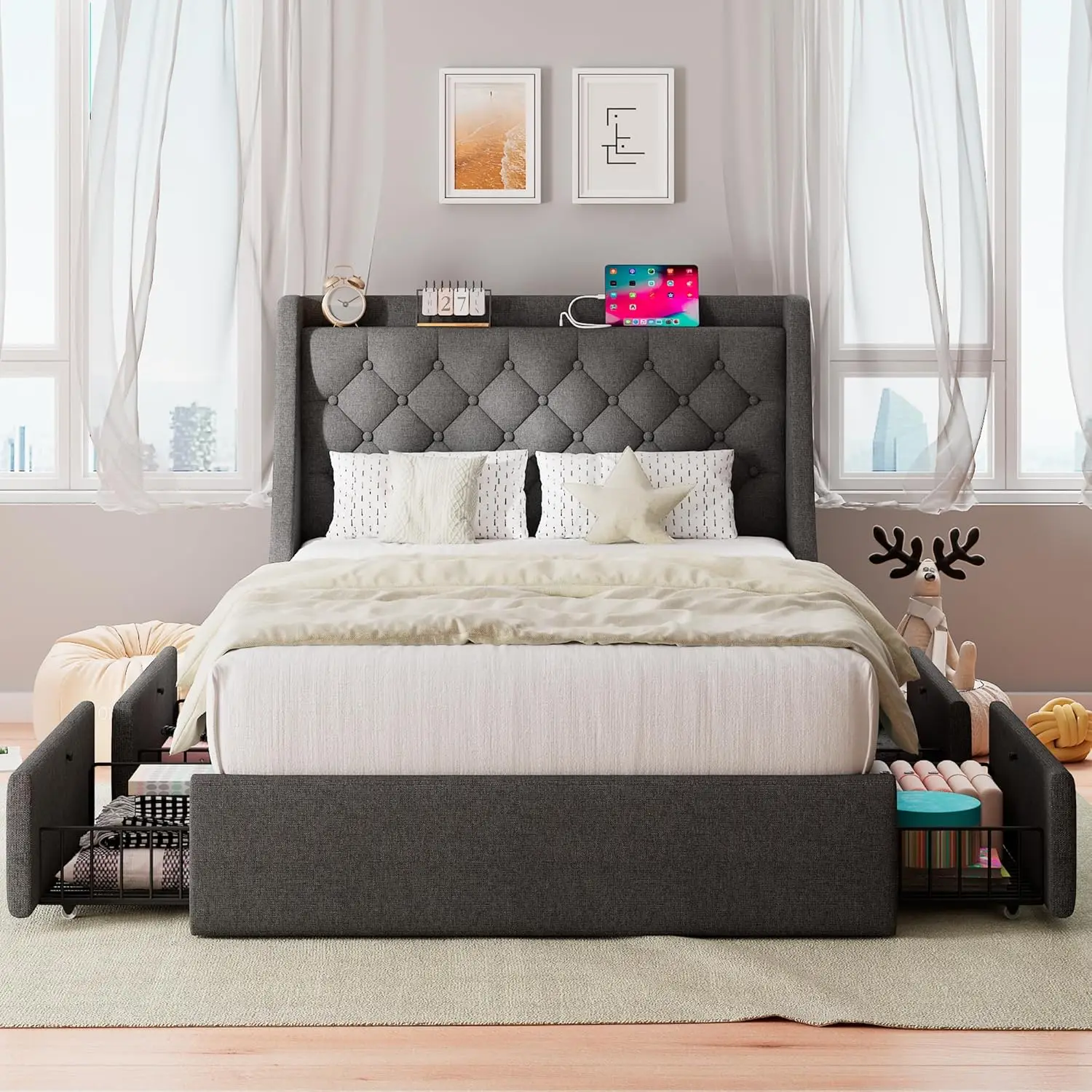 

Twin Bed Frame with 4 Storage Drawers, Upholstered Wingback Headboard, Easy Assembly, Dark Grey