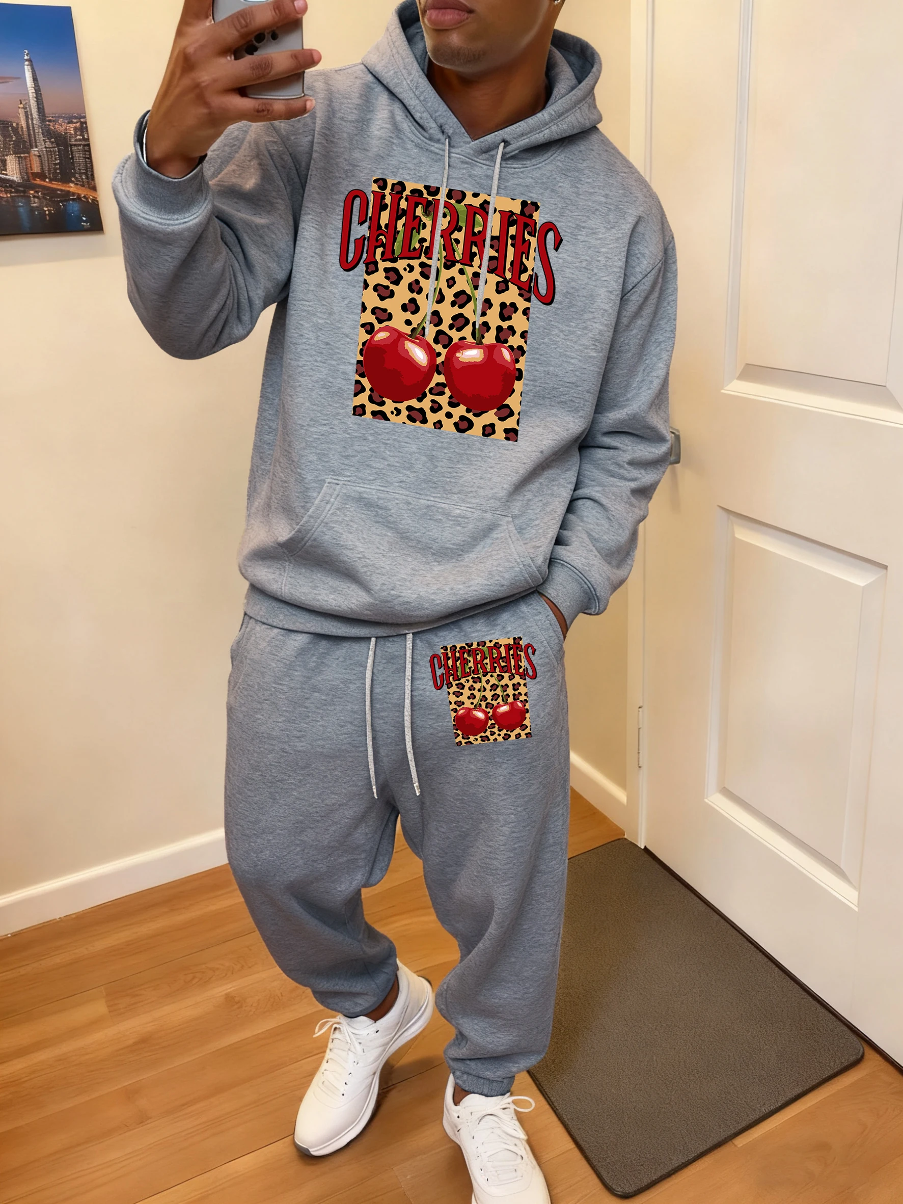 

Leopard Cherry Creative Print Hoody Suit Men Fleece Soft Sweatshirt Pocket Casual Jogging Pants Autumn Comfy 2 Piece Set Clothes