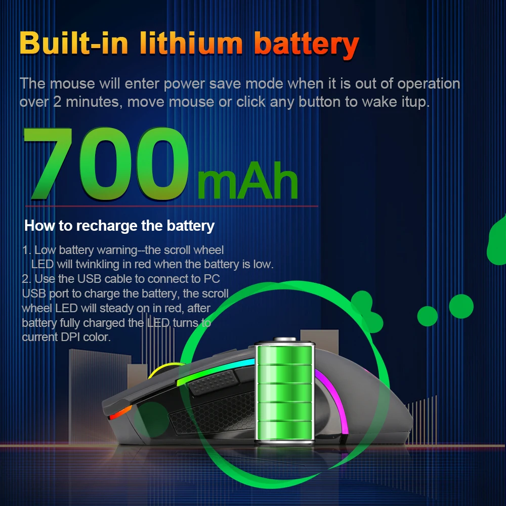 REDRAGON Griffin M602P-KS RGB USB 2.4G دعم لاسلكي بلوتوث ماوس ألعاب سلكي 4800 ديسيبل متوحد الخواص للاعبين الفئران الكمبيوتر الكمبيوتر المحمول