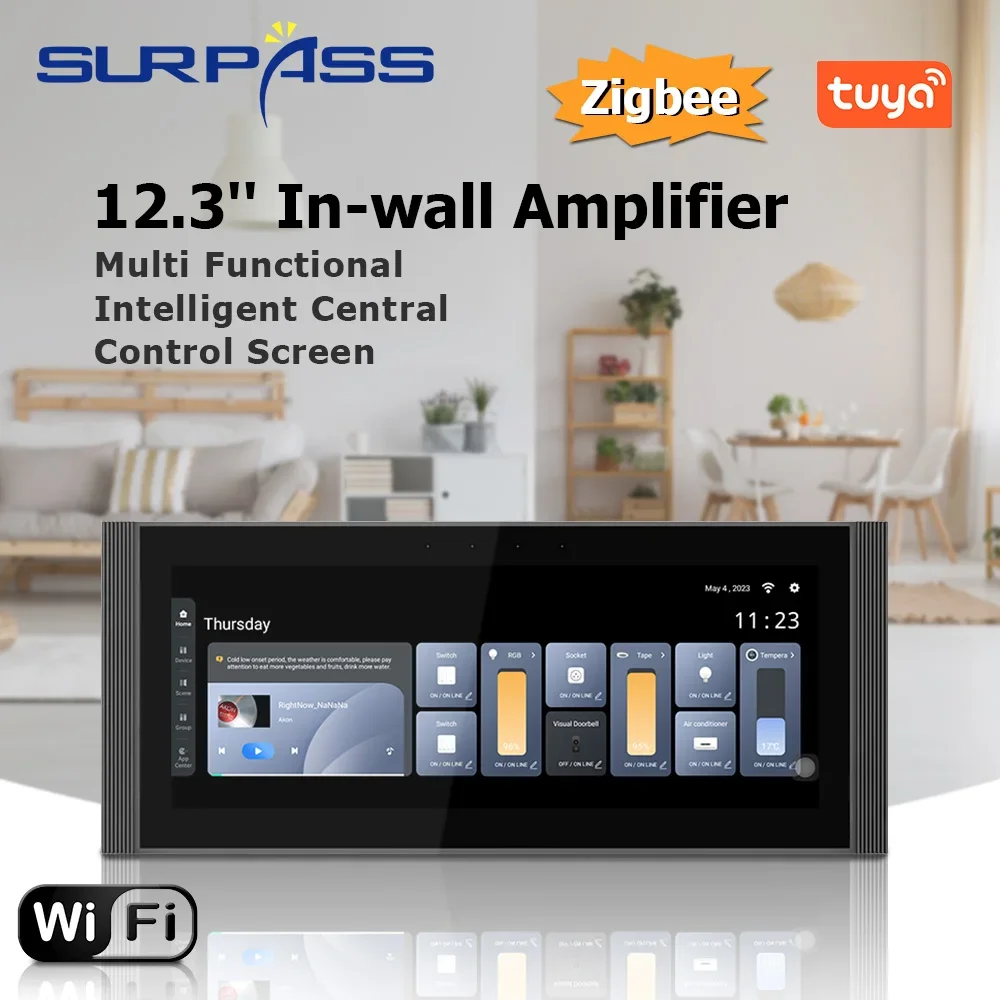 Smart Home Theater Amplifier 12.3'' Tuya WiFi In-wall Amplifier Android 11 Music Touch Screen Support Zigbee Alexa Voice Control