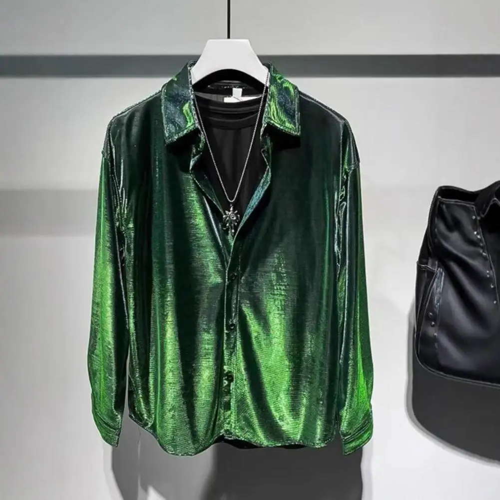 

Shiny Spring Men Shirt Turn-down Collar Loose Glossy Surface Single-breasted Loose Long Sleeve Shirt Club Party Casual Shirt