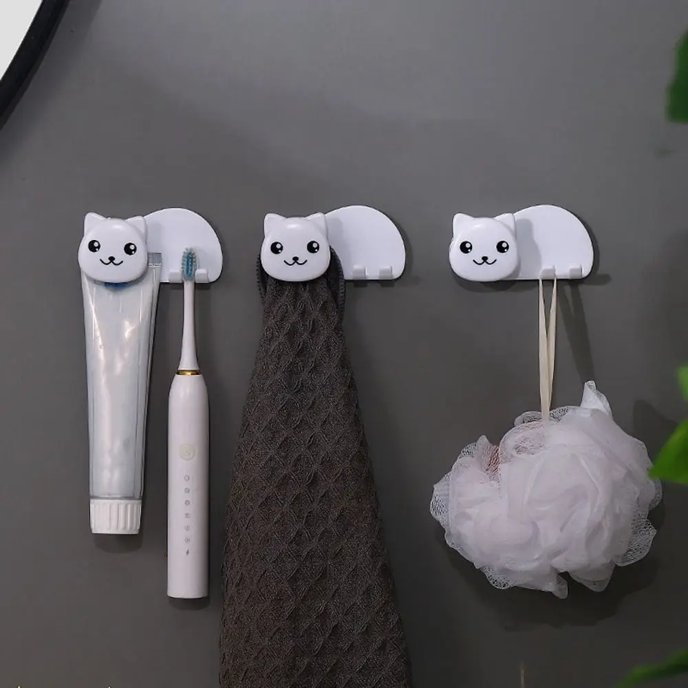 Plastic Cat Shaped Toothbrush Holder 2 in 1 Wall Mounted Facial Cleanser Storage Clip Non Perforated Toothbrush Toothpaste Rack