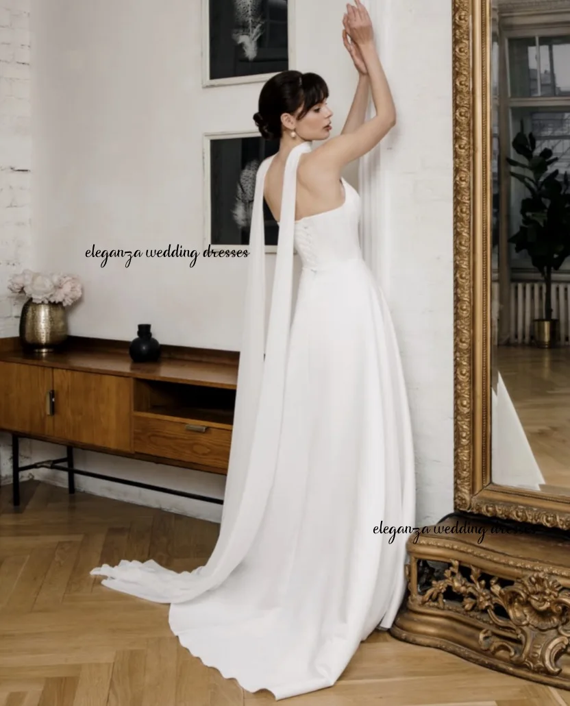 فستان زفاف أبيض رائع مخصص، فستان على شكل حرف A من الساتان بدون أكمام بدون حمالات، حفلة نسائية فيستدو دي نوفيا 2025