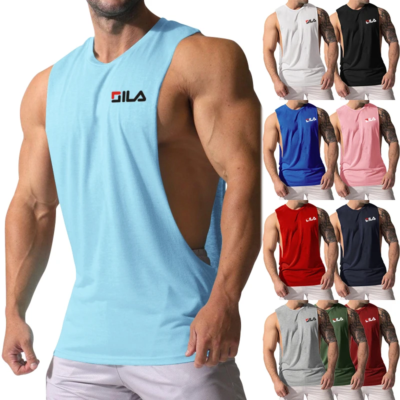 Europe and the United States new summer fitness wide shoulder back heart men's solid color sports leisure loose vest T-shirt