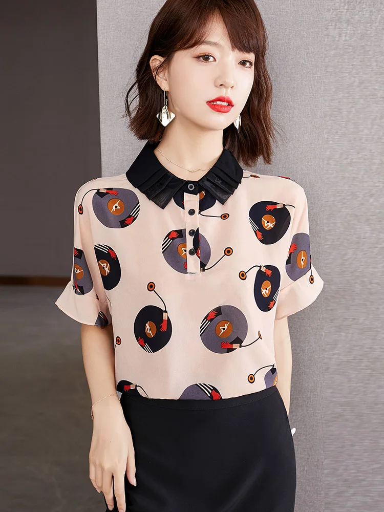 Women Casual Tops Summer New Retro Printing Short Sleeve T-shirt Shirt Lady Temperament Loose Chiffon Blouses