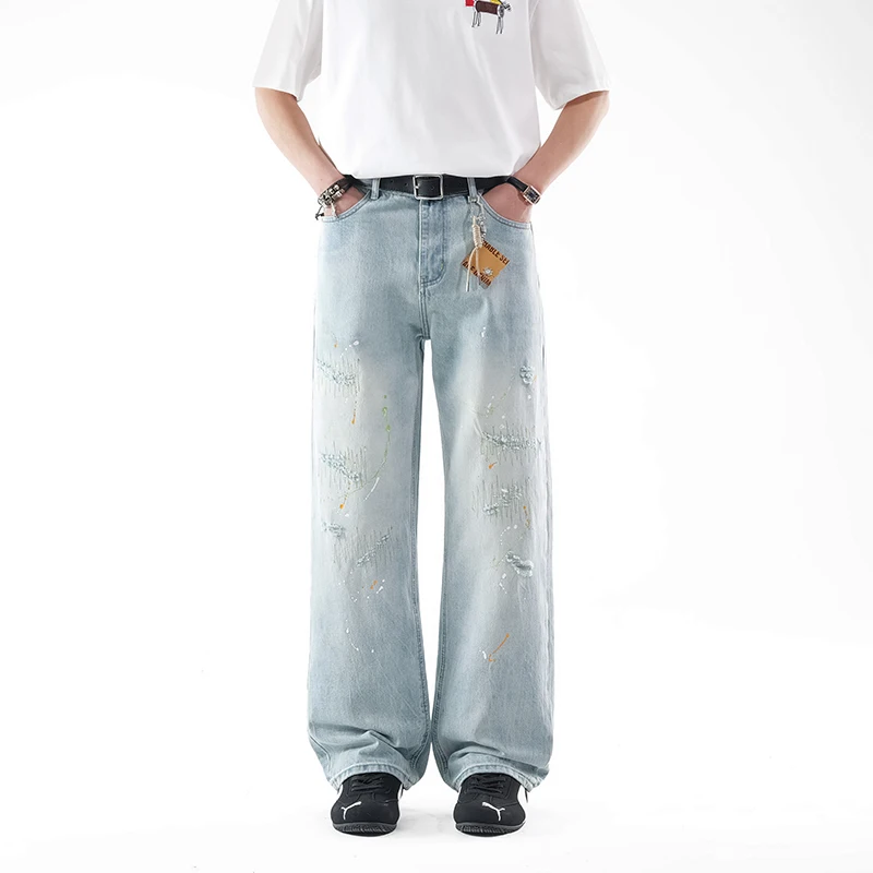 Men Light Blue Wide Leg Jeans Paint Splatter Distressed Stitched Vintage Streetwear Patchwork Loose Denim Pants No Accessories