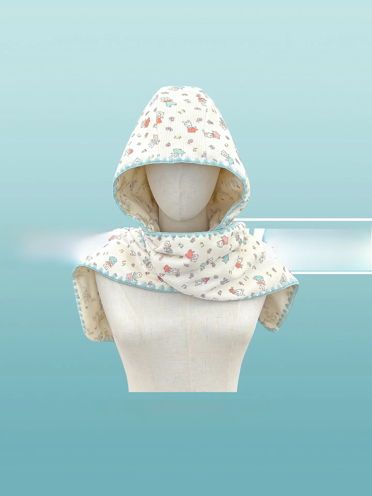 Adorable Cartoon Rabbit Print Double-Sided Hooded Scarf Women's Winter Warm Versatile Ear Protection Face Slimming INS Style