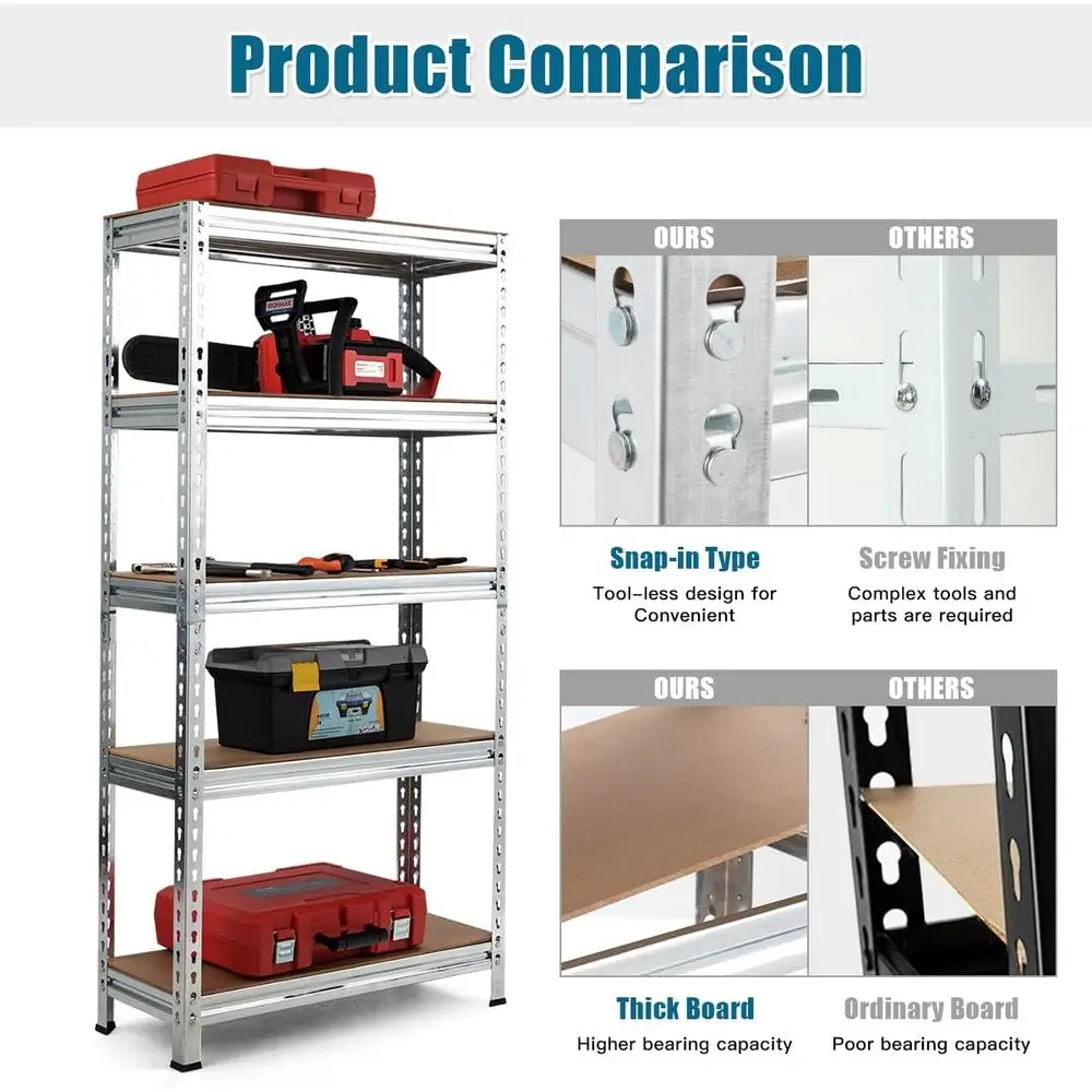60 Heavy-Duty Adjustable Steel 5-Tier Shelving Unit for Commercial Use, Silver