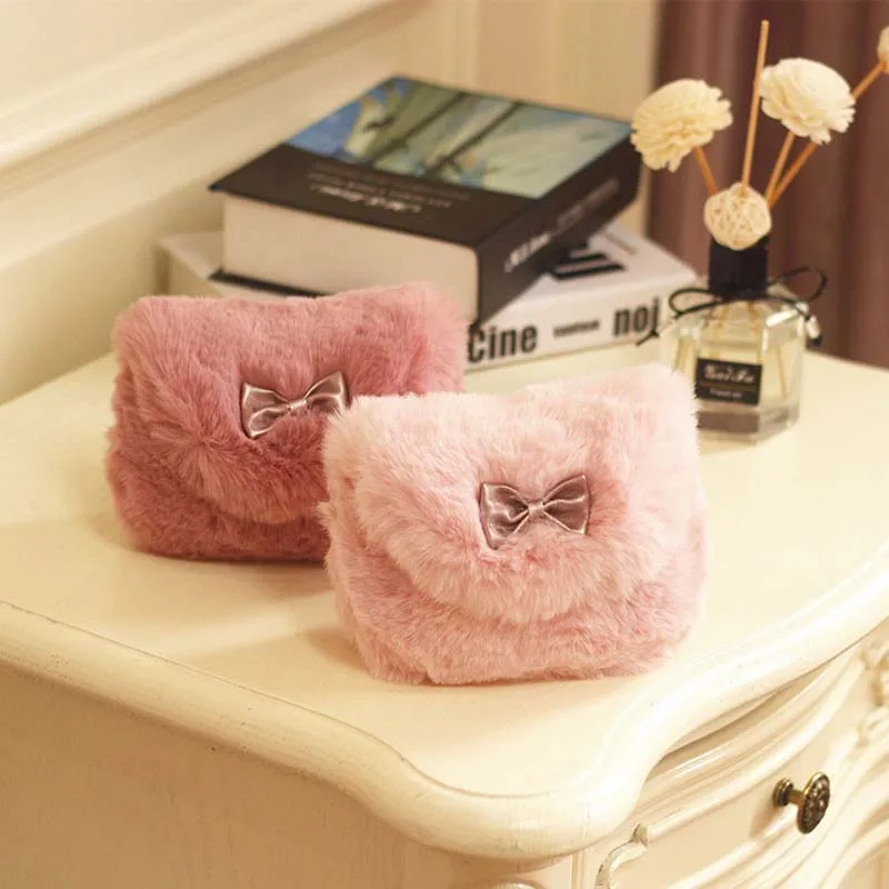 Fluffy Fur Bag Princess Girl Bow Messenger Bag Winter Plush Handbag Small Kids Wallet Leather Shoulder Strap Child Crossbody Bag