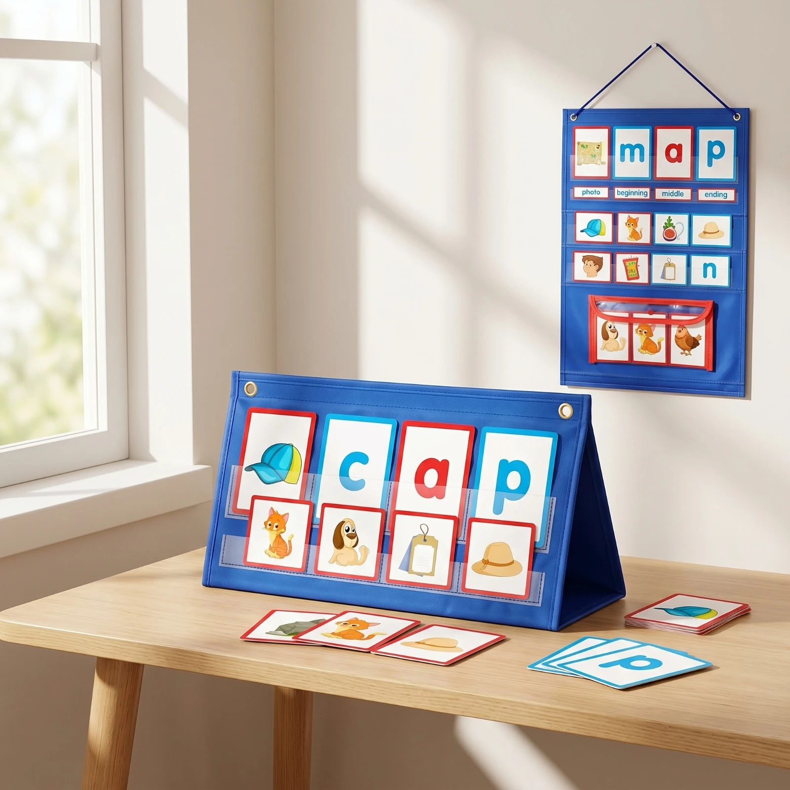 Word Building Desktop Pocket Chart Foldable Desktop Pocket Chart Learning Game Easy Storage Toy Double-Sided for Kindergarteners
