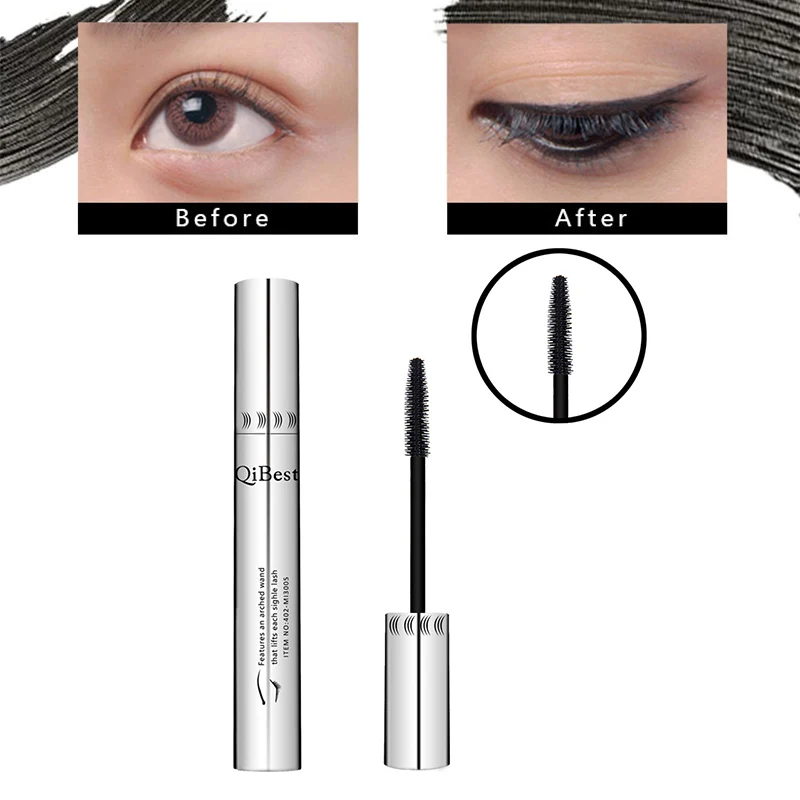 Qibest Silver Tube Waterproof Mascara Make Long & Curl Eyelashes Not Dizzy Easy To Remove Black Mascara Everlong Lasting