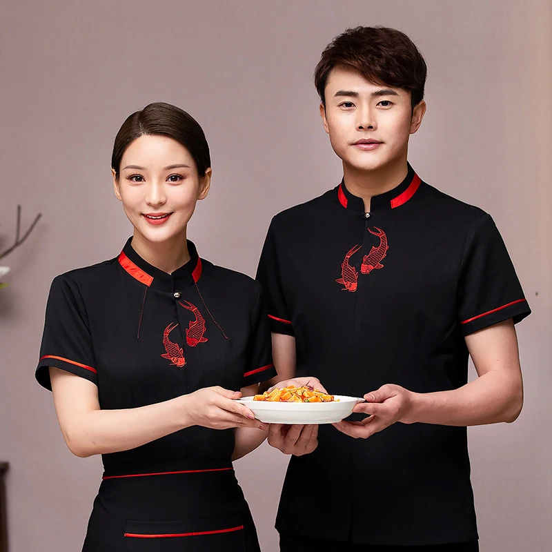 

Рабочая одежда для отелей, летняя униформа для китайских ресторанов, чайных домов, кафе с горячими блюдами, для мужчин и женщин, для персонала стойки регистрации, официантов, с коротким рукавом, для менеджеров.