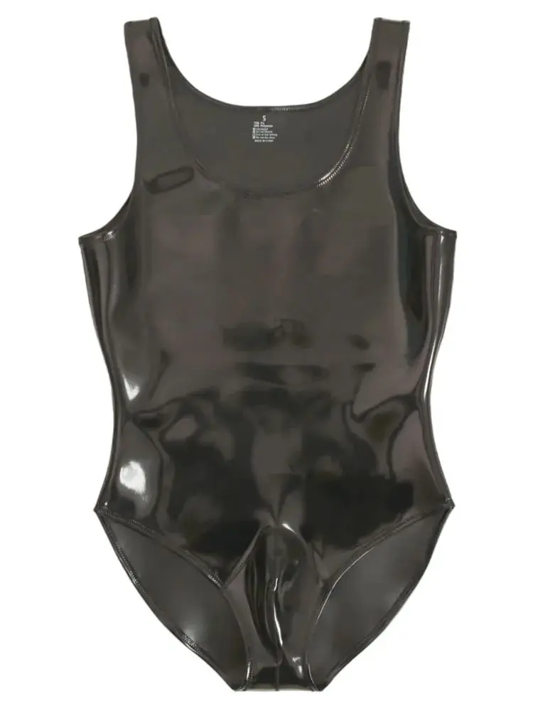 S-4XL Dubbelzijdig PU Leer Omkeerbaar Vest Faux Latex Wetlook Tank Tops Bolle Zakje Bodysuit Panty Shapers Body Teddybeer