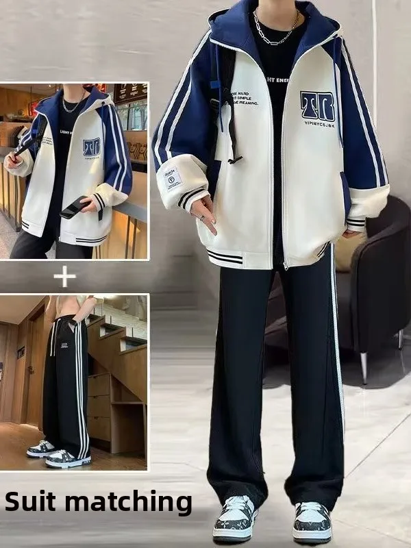 

Комплект спортивной одежды для мальчиков-подростков: худи на молнии с длинным рукавом, повседневный модный наряд для старшеклассников, осенняя коллекция