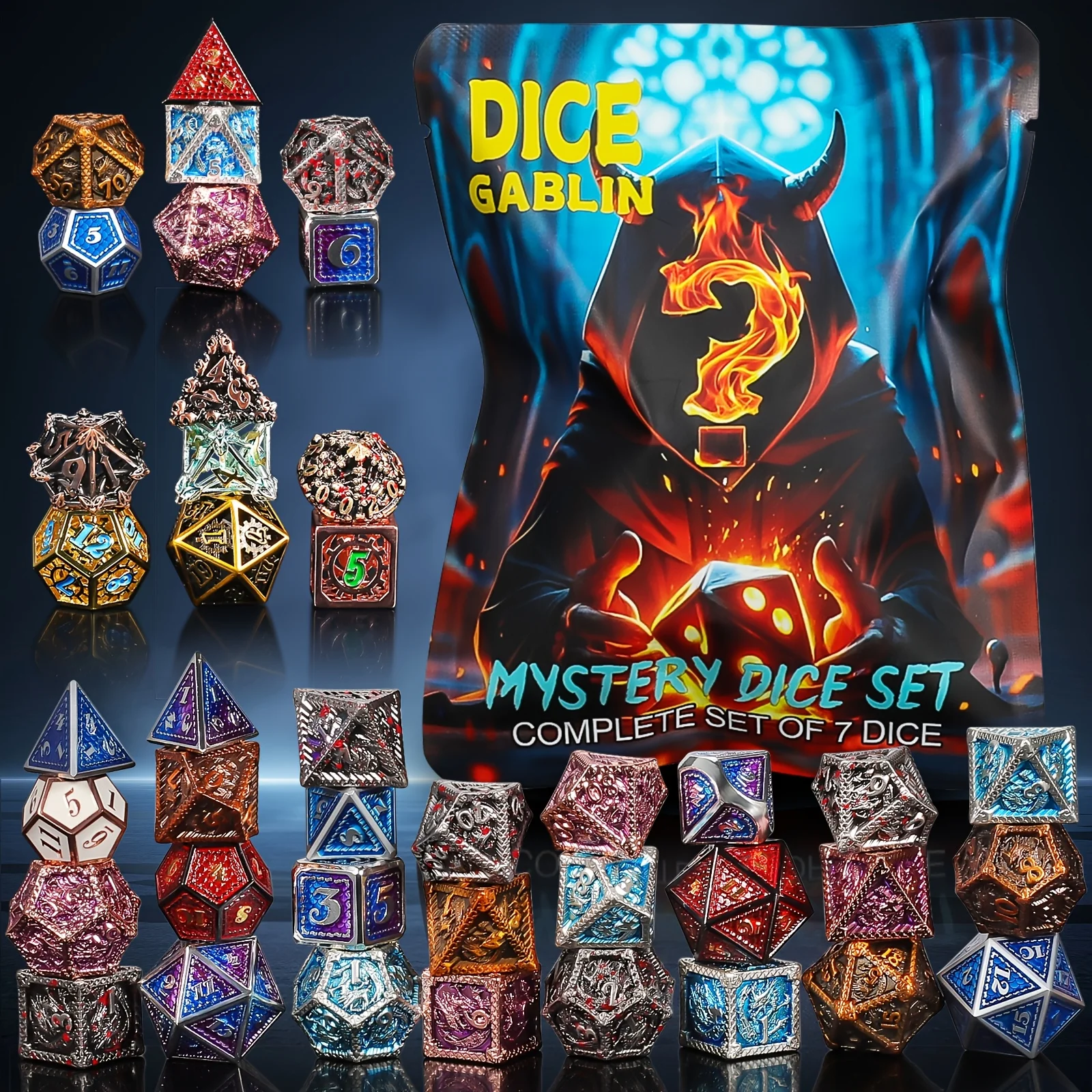 

DND Dice Set -7pc Random metal Polyhedral Dice for D&D RPG MTG Role Playing Table Party Games & DM & Dice Goblin