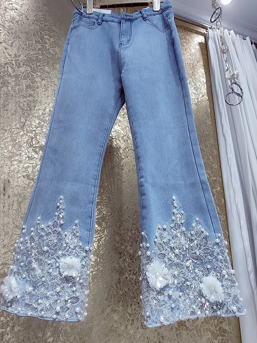 Luxury Pearls Beaded Fairy 3D Flowers Embroidered Sequins Jeans Petals Lace Spliced Denim Flare Pants Elastic Cowboy Trousers