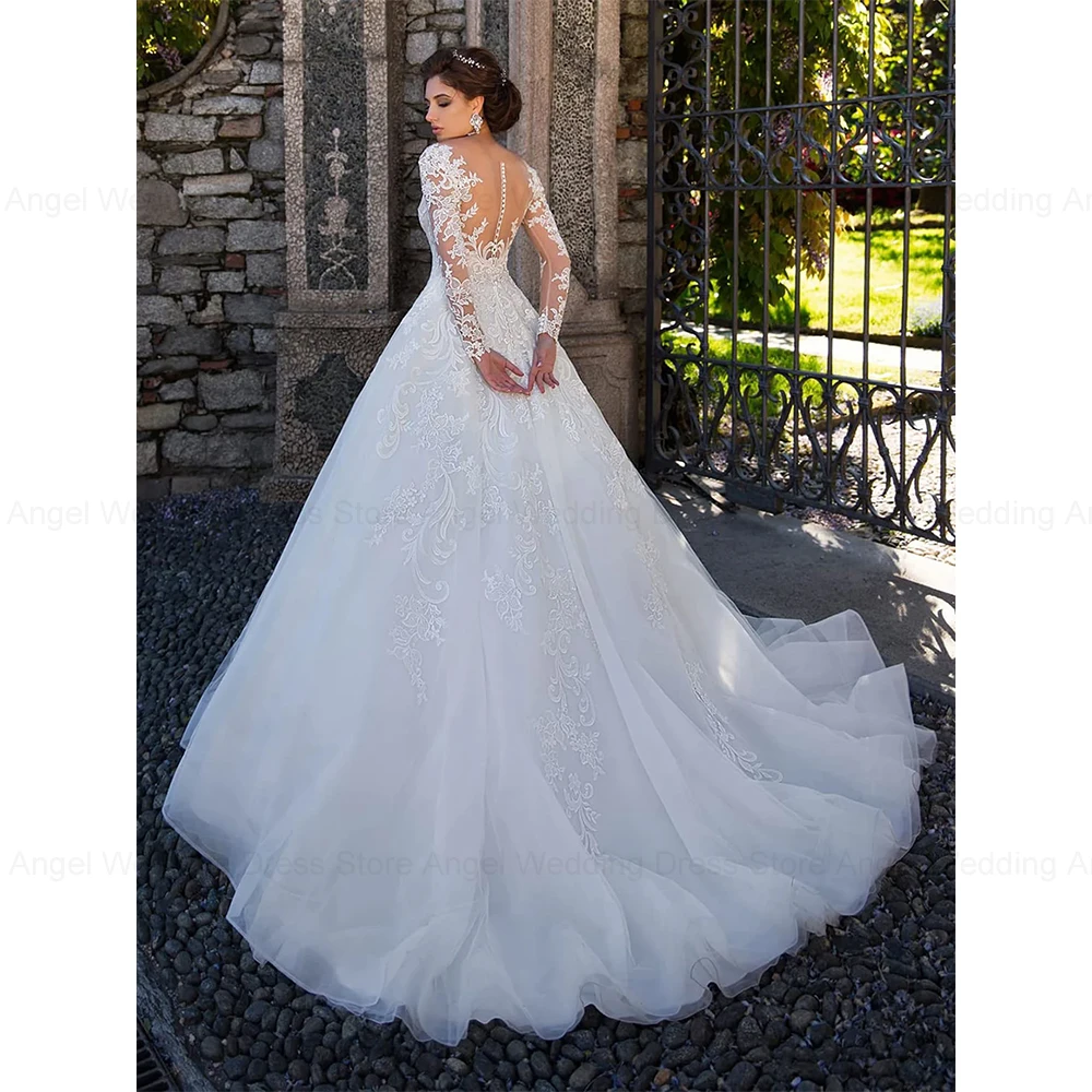 ANGEL فستان زفاف فاخر للعروس 2025 مخصص على شكل حرف a مغرفة دانتيل زينة الوهم زي العرائس ذيل Vestidos De Novia