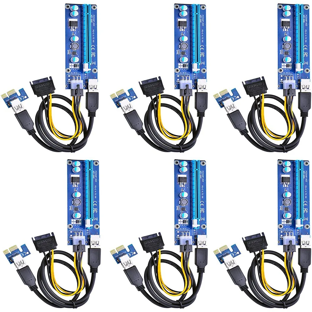 

6-Pack 6-Pin PCIe PCI-E Express 1X to 16X Riser Card with 6 Pin PCI-E to 15 Pin SATA Power Cable and 60cm USB 3.0 Cable