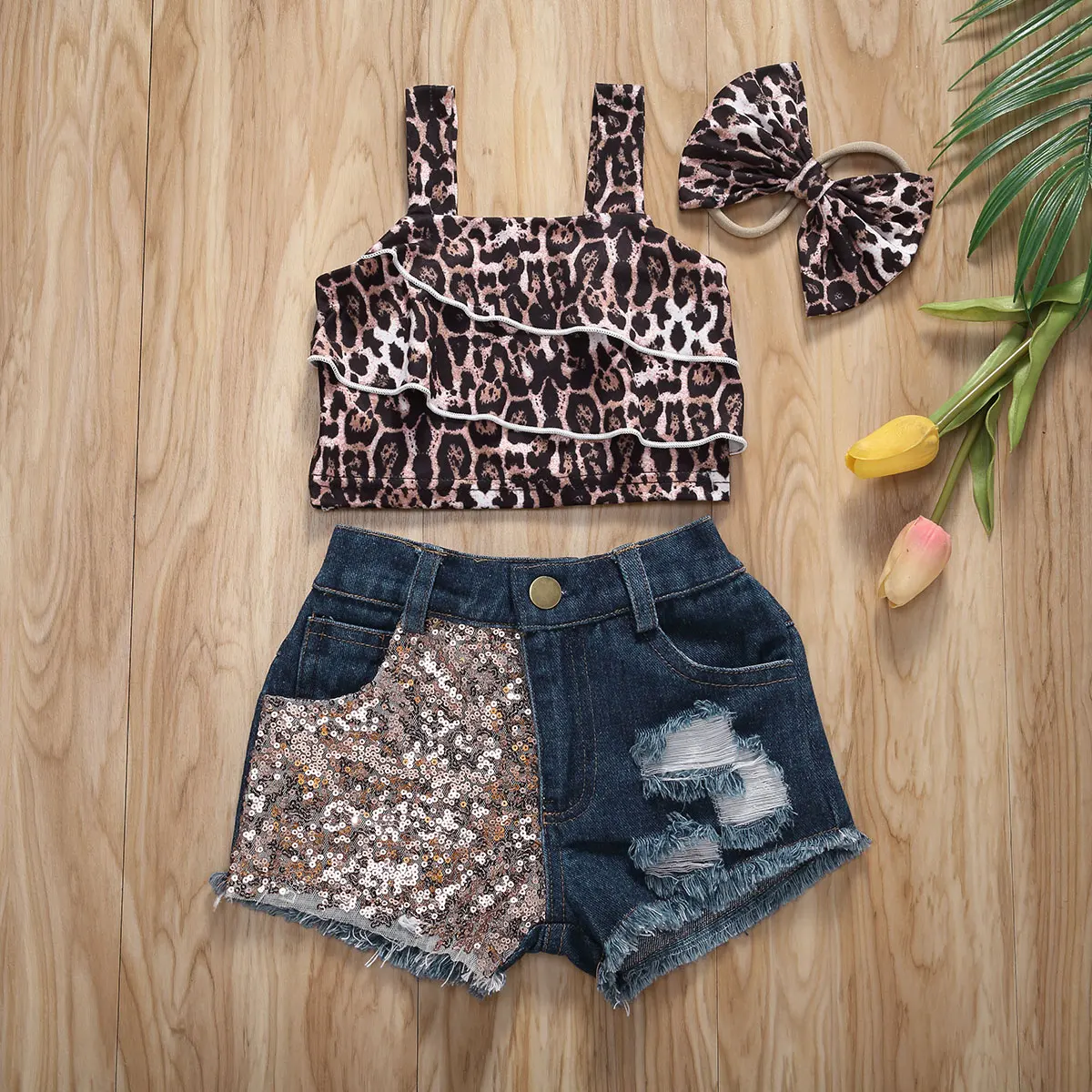 Baby Girls Summer Outfit Toddler Sleeveless Leopard Crop Top Patchwork Denim Shorts Bowknot Headabnd