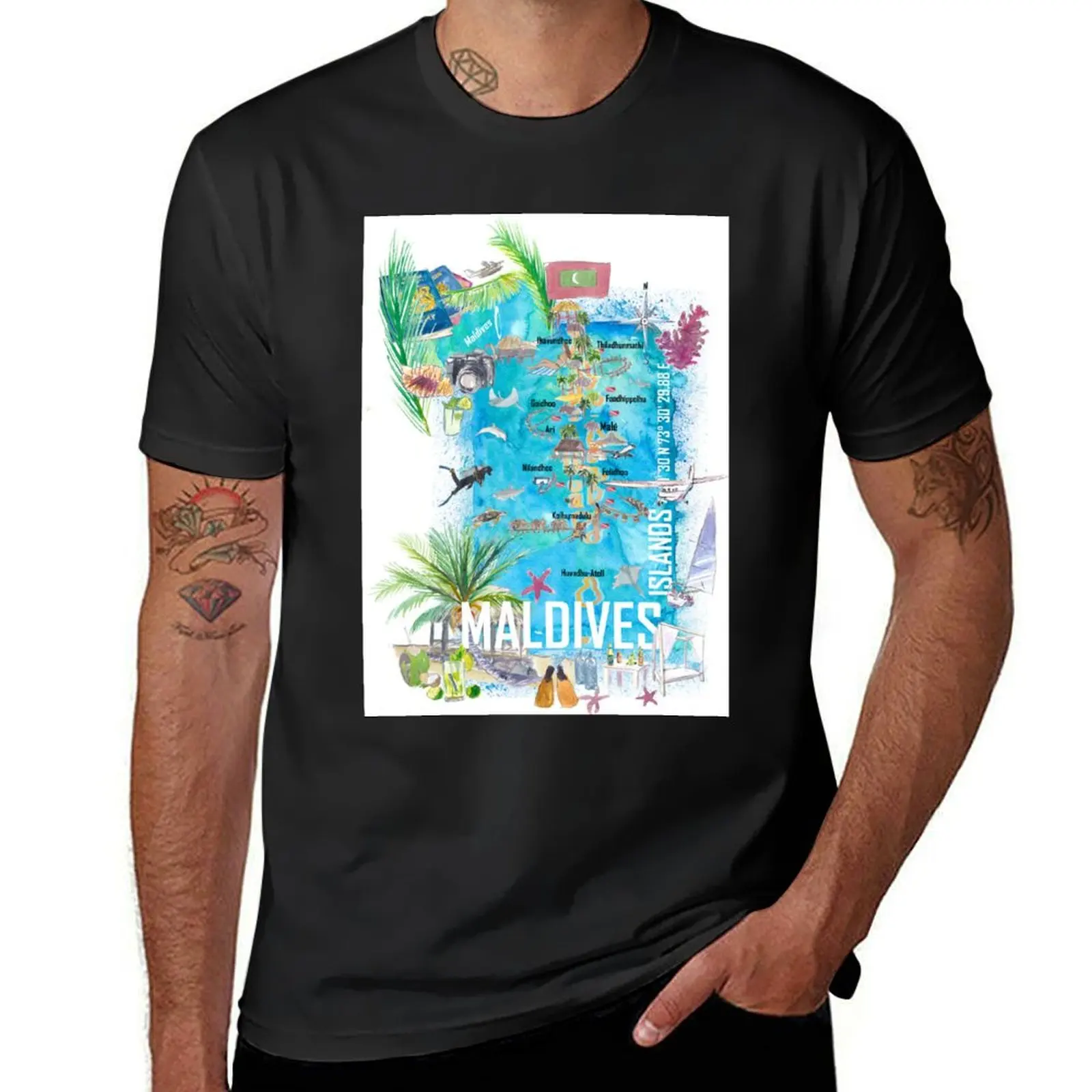 Maldives Islands Illustrated Travel Map with Vacations Dreams and Hideaways T-Shirt aesthetic clothes heavyweights men clothings