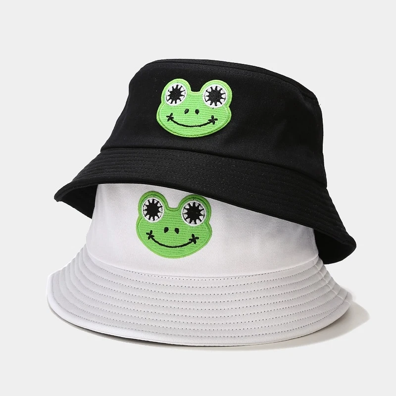 Women Cute Frog Embroidery Bucket Hat Casual Cotton Sun Cap for Outdoor Travel & Daily Streetwear