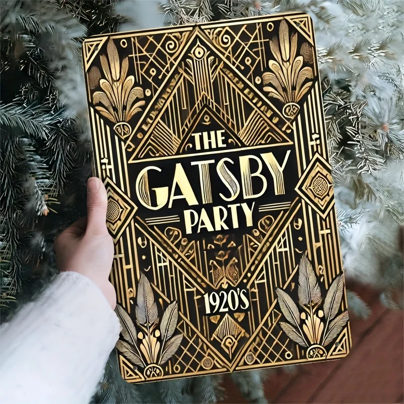 2D Flat, 1pc 20x30 Vintage Gatsby Party Tin Sign - 1920s Style Metal Wall Art with Golden Geometric Design, Durable Rustic Decor