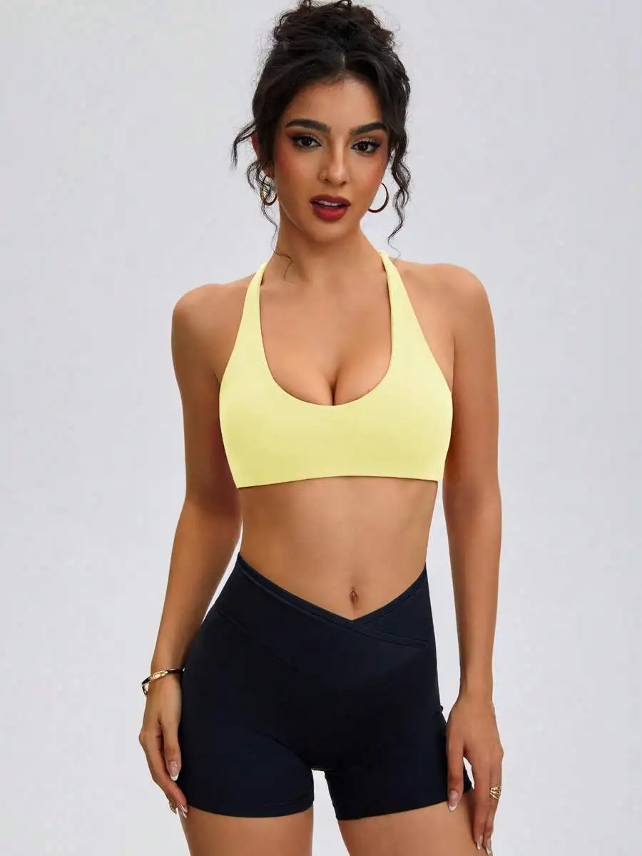 Sujetador deportivo para mujer con cuello en V profundo y espalda cruzada para correr, fitness y pilates