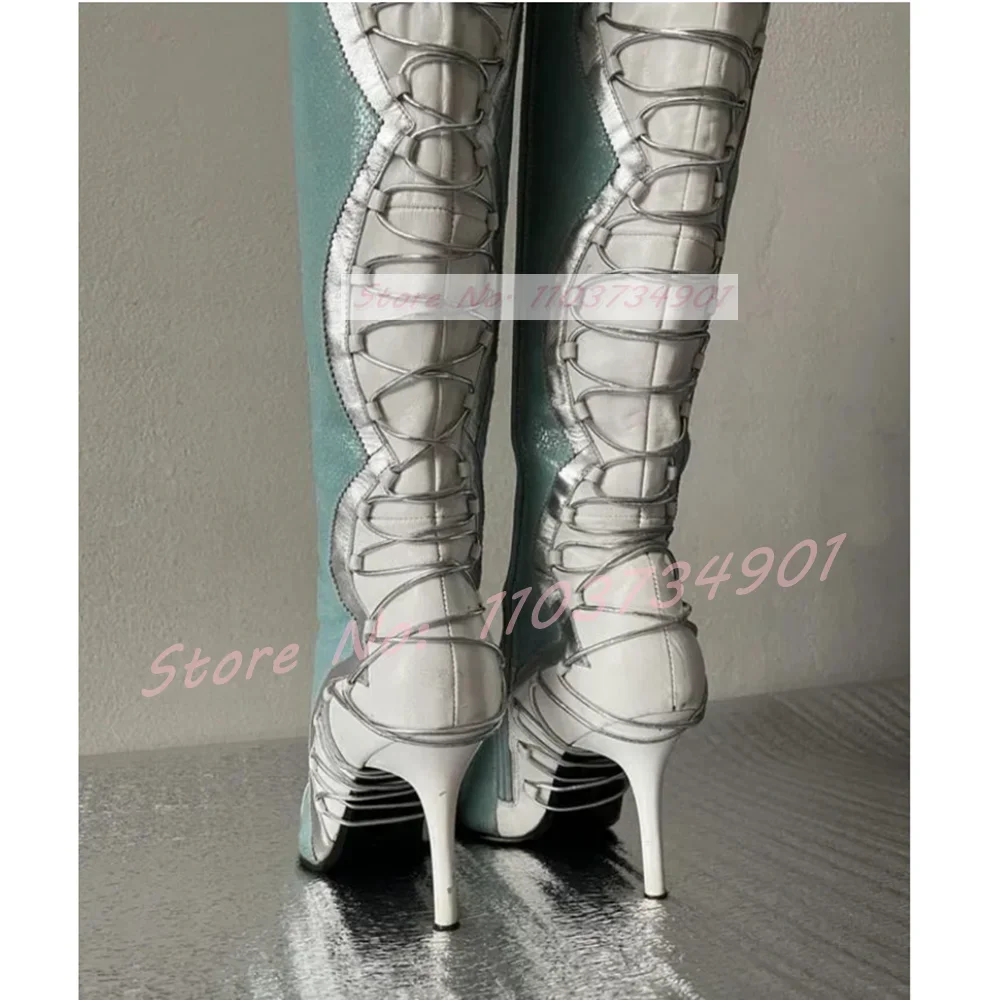 Pointy Toe Patchwork Lace Up Stiletto Boots Women Side Zip High Heels Knee Length Shoes Lady Leggy Slim Fashion Sexy Party Boots