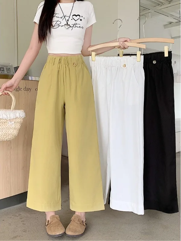 

Брюки с высокой талией, прямые, широкие, в корейском стиле, повседневные, универсальные, укороченные (7/8), для женщин, летние, новые, стройнящие, омолаживающие