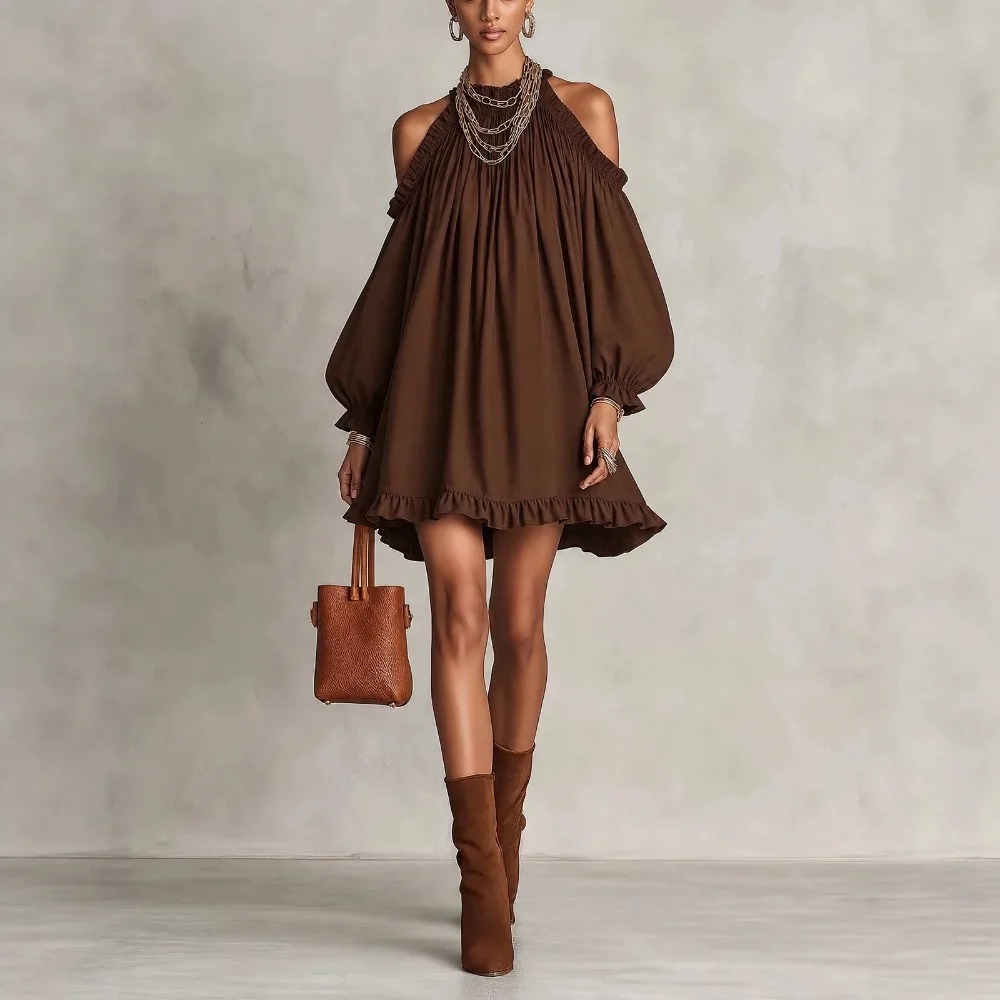 Women Halter Off Shoulder Puff Sleeve Babydoll Dress Ruffle Trim Loose A-Line Mini Dress 2026 Vacation Beach Resort Party New