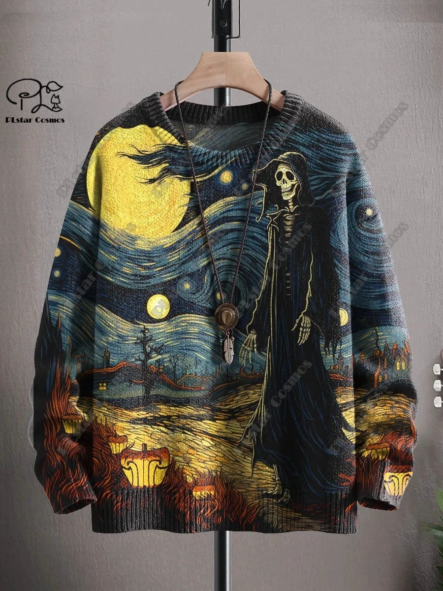 Sudadera con estampado 3D de la serie de Halloween, suéter feo con patrón de gato negro, fantasma de terror, esqueleto, bruja, calle, informal, W-1