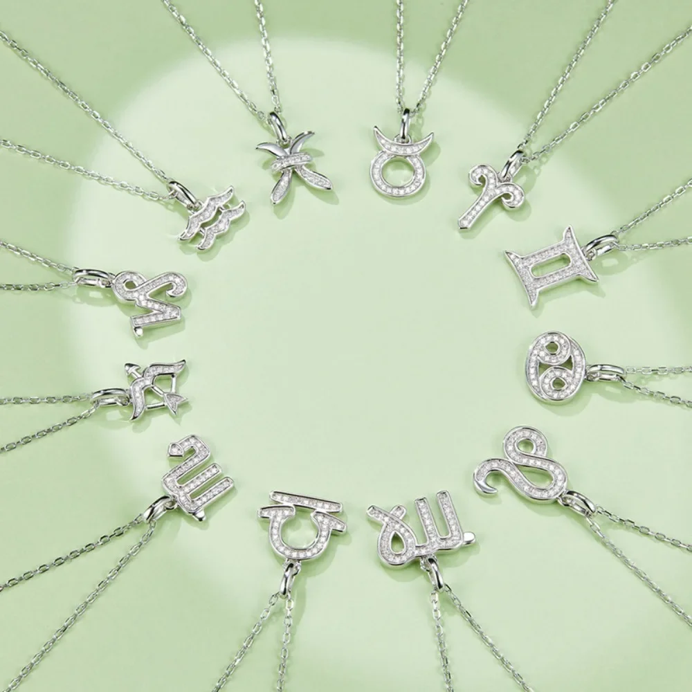Pretty Beauty 925 Silver 12 Zodiac Signs Necklace Constellation Symbol Pendant Necklace Dainty Jewelry for Women Birthday Gift