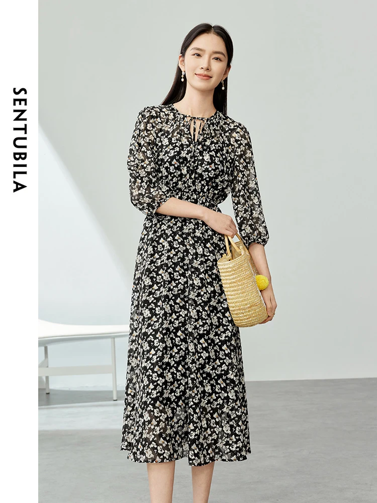 SENTUBILA Elegant Lace-up Round Neck Chiffon Floral Dress 2024 Spring Fashion A-line Midi Dresses Woman 2 Piece Set 141L53644