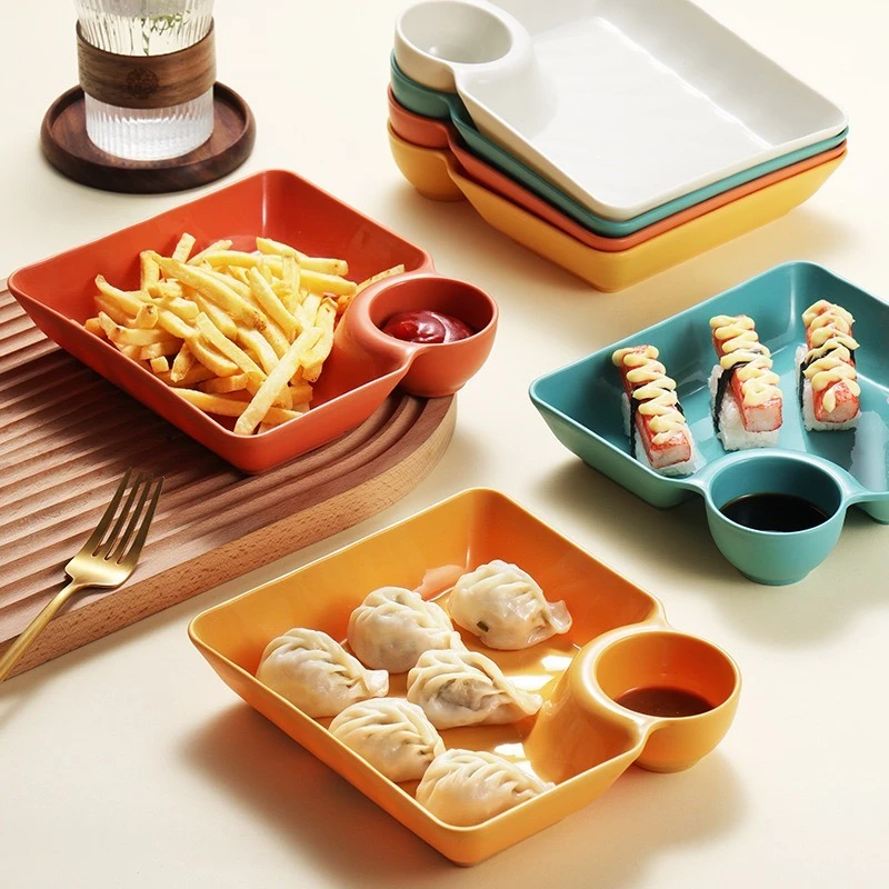 6Pcs/Dumpling Plate with Dipping Sauce, Household Plastic Dish Plate, Fried Chicken Tray, Dinner Plate, Fries and Dumpling Plate