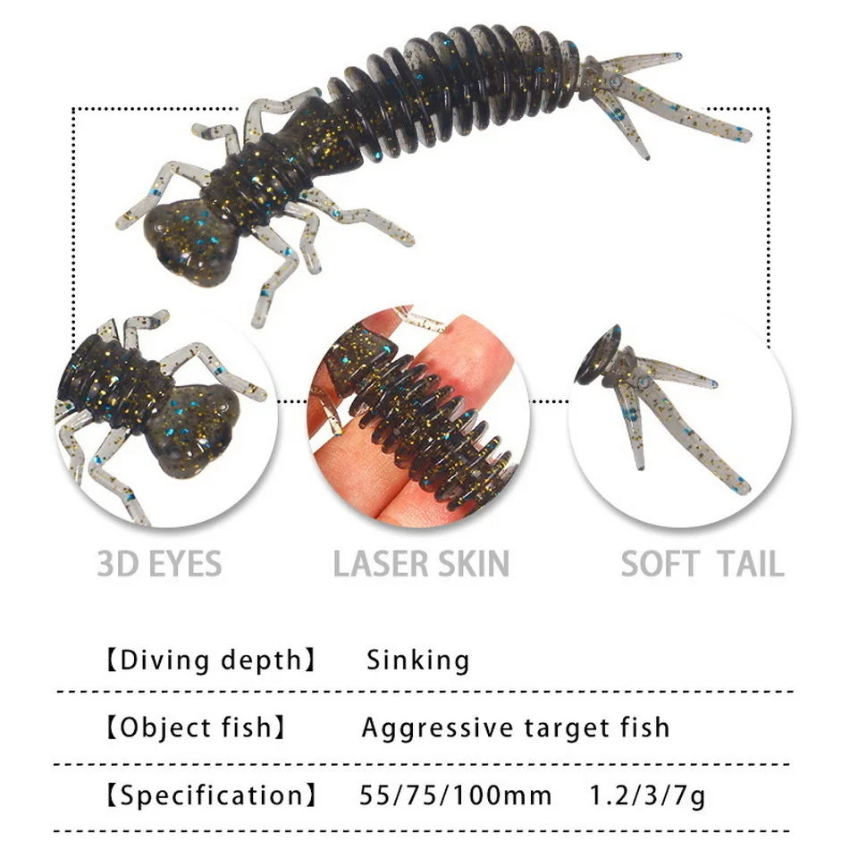 Wurm Larve Weiche Köder 55mm 75mm 100mm Künstliche Kunststoff Silikon Köder Swimbait Jigging Wobbler Bass karpfen Pesca Angelgerät – Detail 7