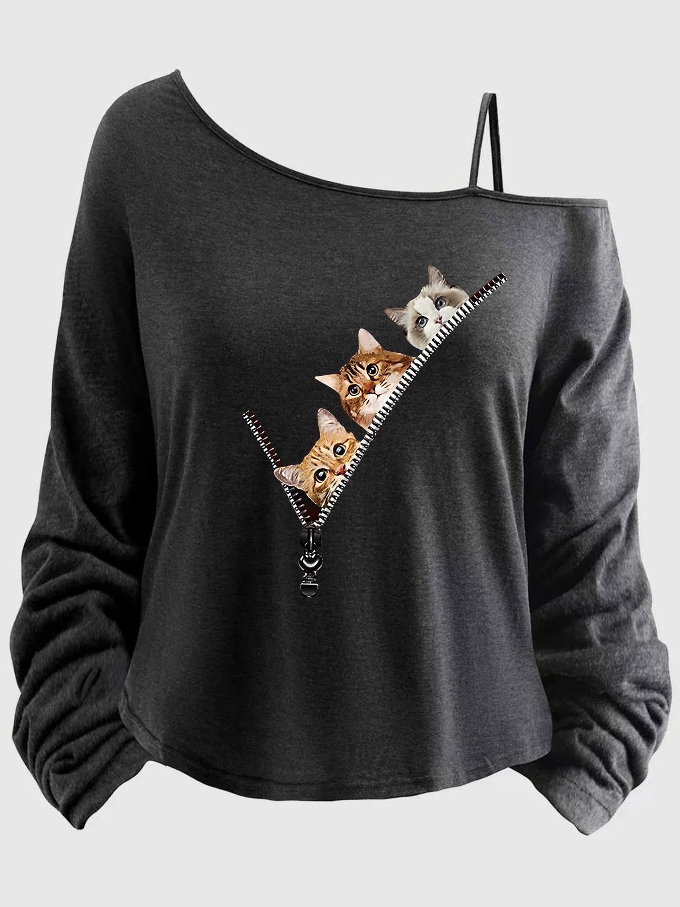 

Large-sized women’s top with printed sleeves, spaghetti straps, asymmetrical neckline, 1-8XL, letters (XT).