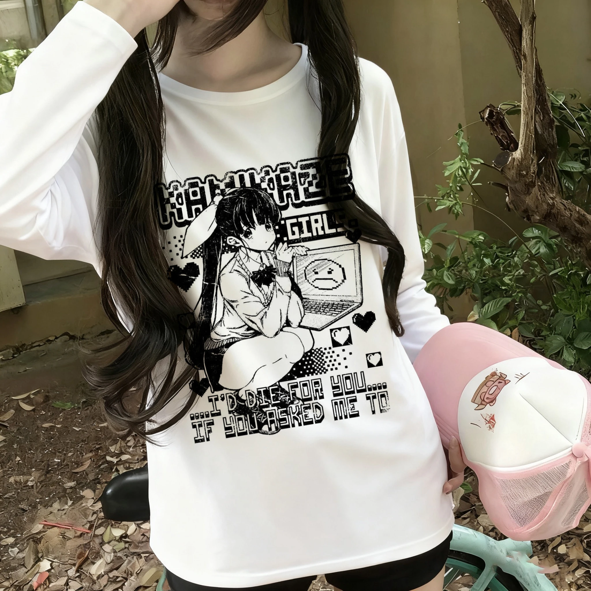 

Белая женская футболка большого размера с мультяшной графикой и длинными рукавами, осенние свободные топы, модная повседневная уличная одежда в стиле Харадзюку, женская одежда