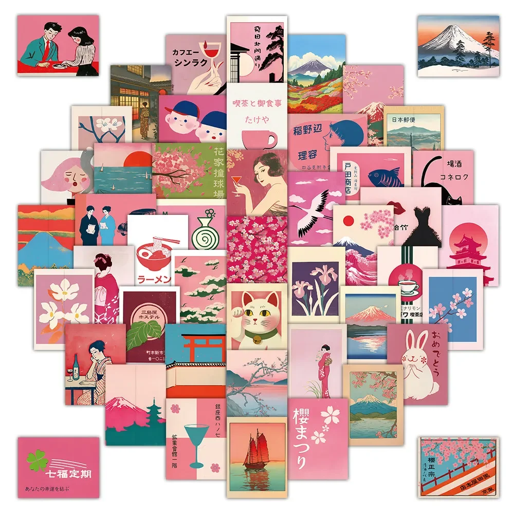 

50 Sheets Vintage Pink Japanese Style Aesthetic Sticker Set for Journal Luggage Phone Case Decoration Papery Pop Store