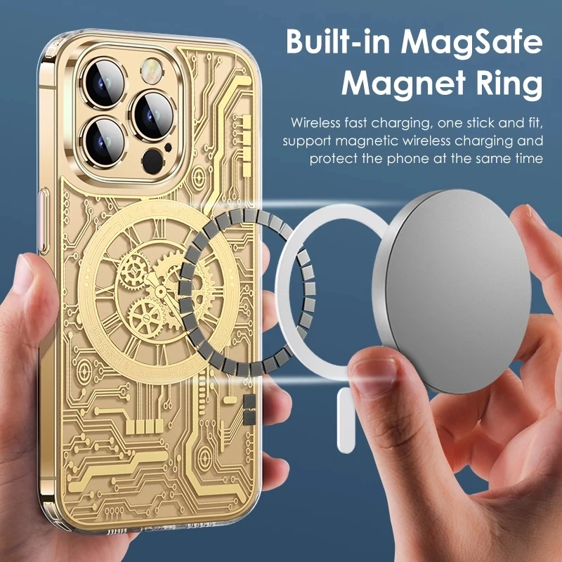 Magnetic Mechanical Texture Phone Case For Iphone 16 15 14 Pro Max 14Plus Transparent Phone Cover Magsafe For Iphon 13 14 15 16