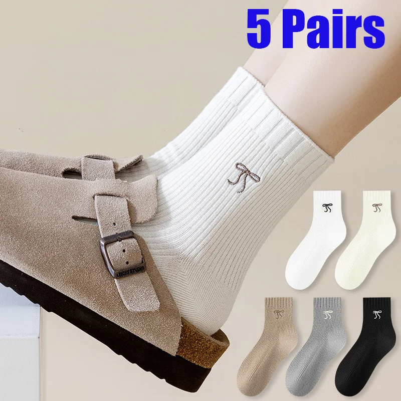 5 Pairs Women's Butterfly Knot Mid-Calf Socks Breathable Sweat Absorbent Autumn INS Style Simple Versatile Sweat Absorbent