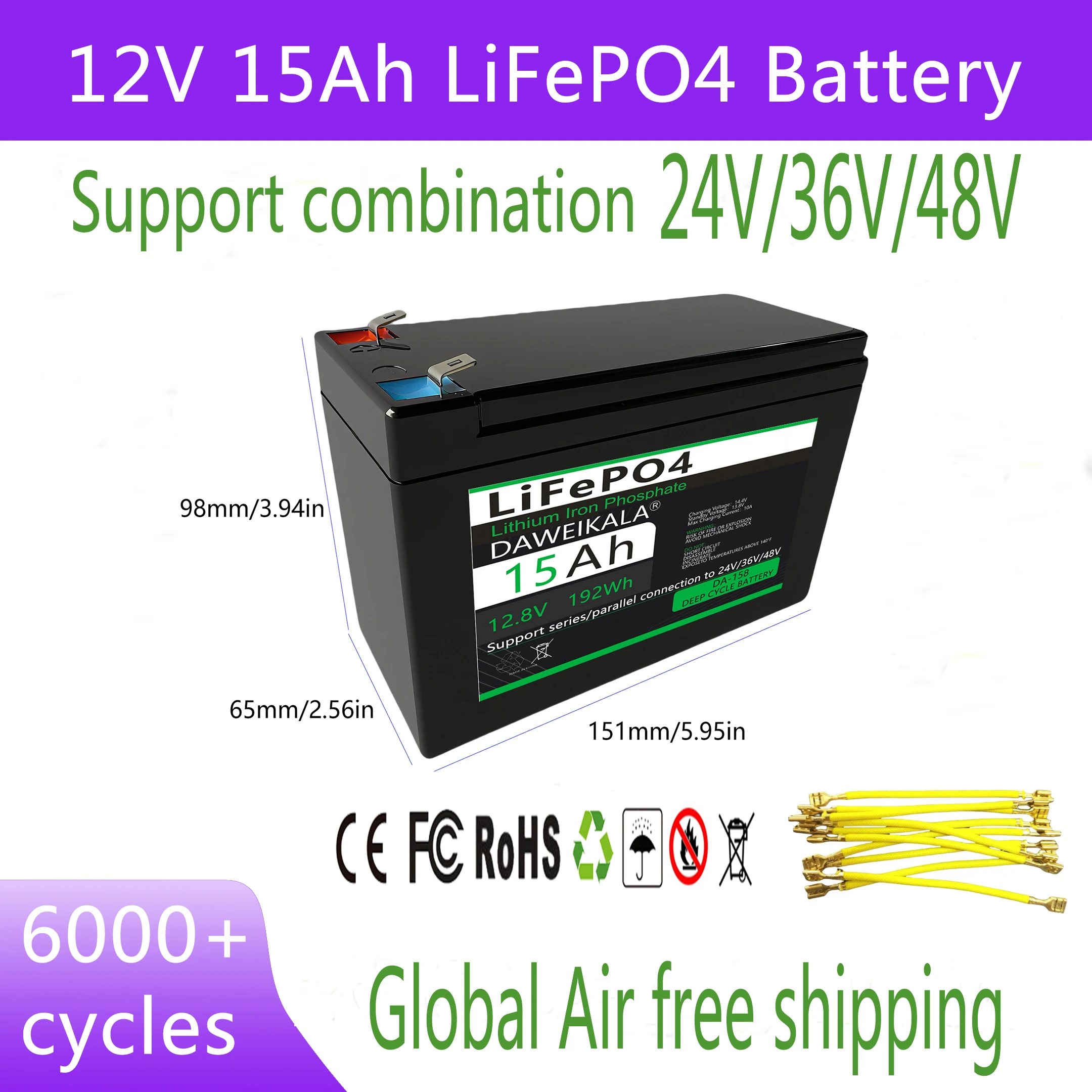 Batterie LiFePO4 12V 6Ah 12Ah 15Ah avec BMS intégré, Batteries rechargeables au Lithium fer Phosphate pour enfants, voiture et Scooter