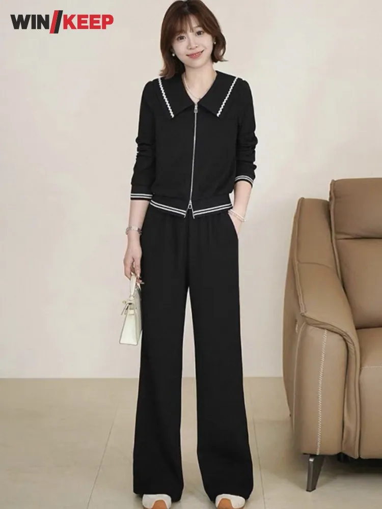 

New Fashion Designer Women Fitness Set Black Slim Fit Zipper Outdoor Two Piece Running Set Jacket Wide Leg Pants Sport Tracksuit