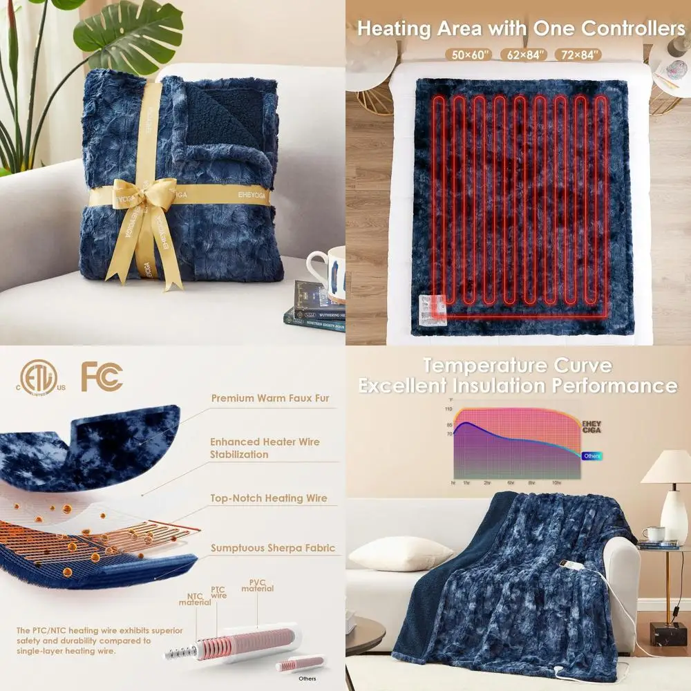 

9-Level Faux Fur Sherpa Electric Throw Blanket with 10-Hour Auto-Off in Navy Blue