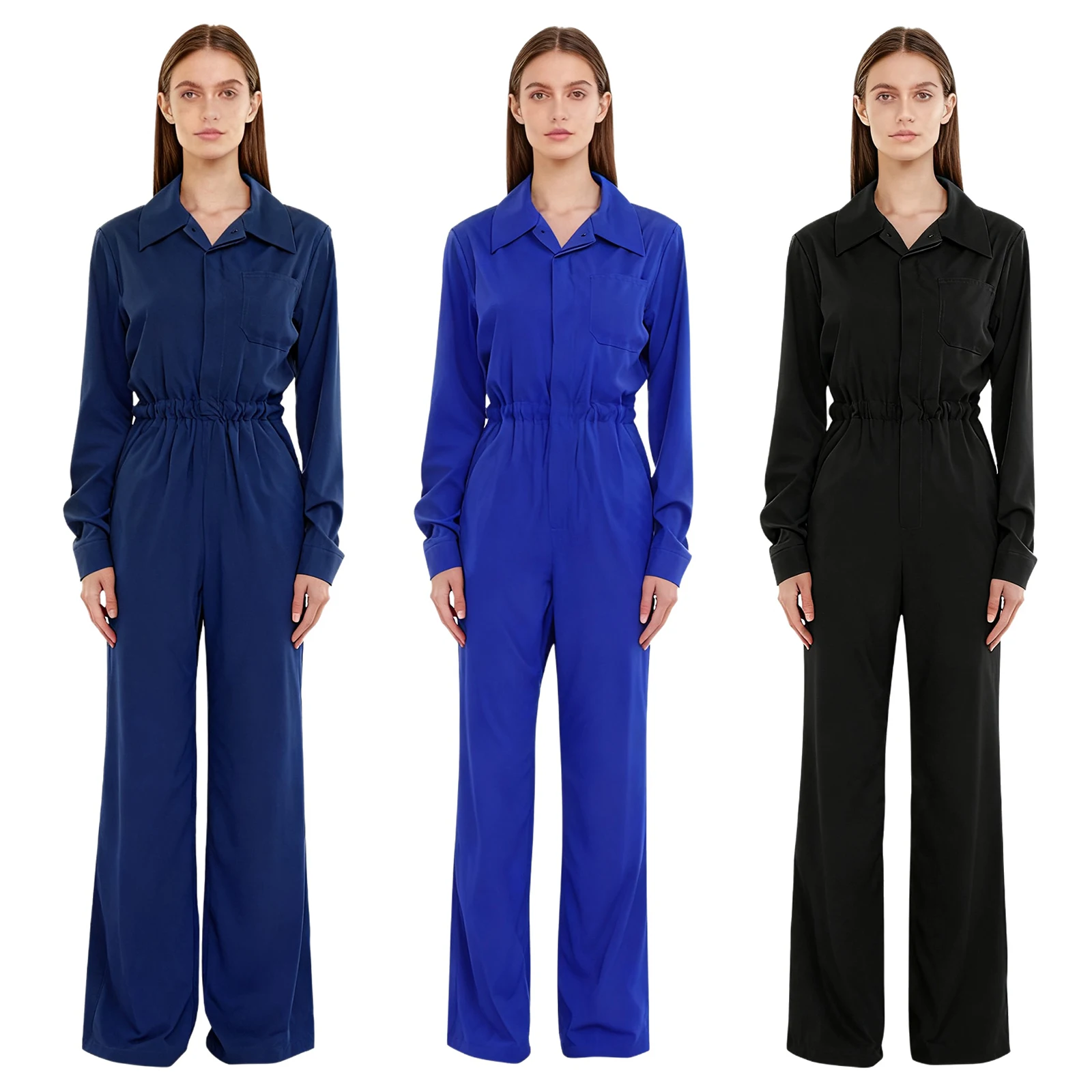 Womens Work Jumpsuit Fashion Button Coverall Casual Turn Down Collar Long Sleeve Romper Overall Elegant Button Front Design