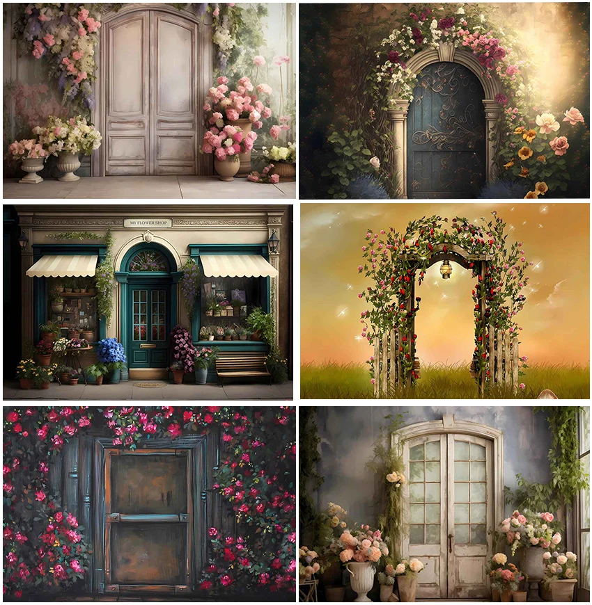 

Spring Theme Arched Flowers Door Floral Shop Backdrops Photographic Adult Children Portrait Birthday Backgrounds Studio Photo